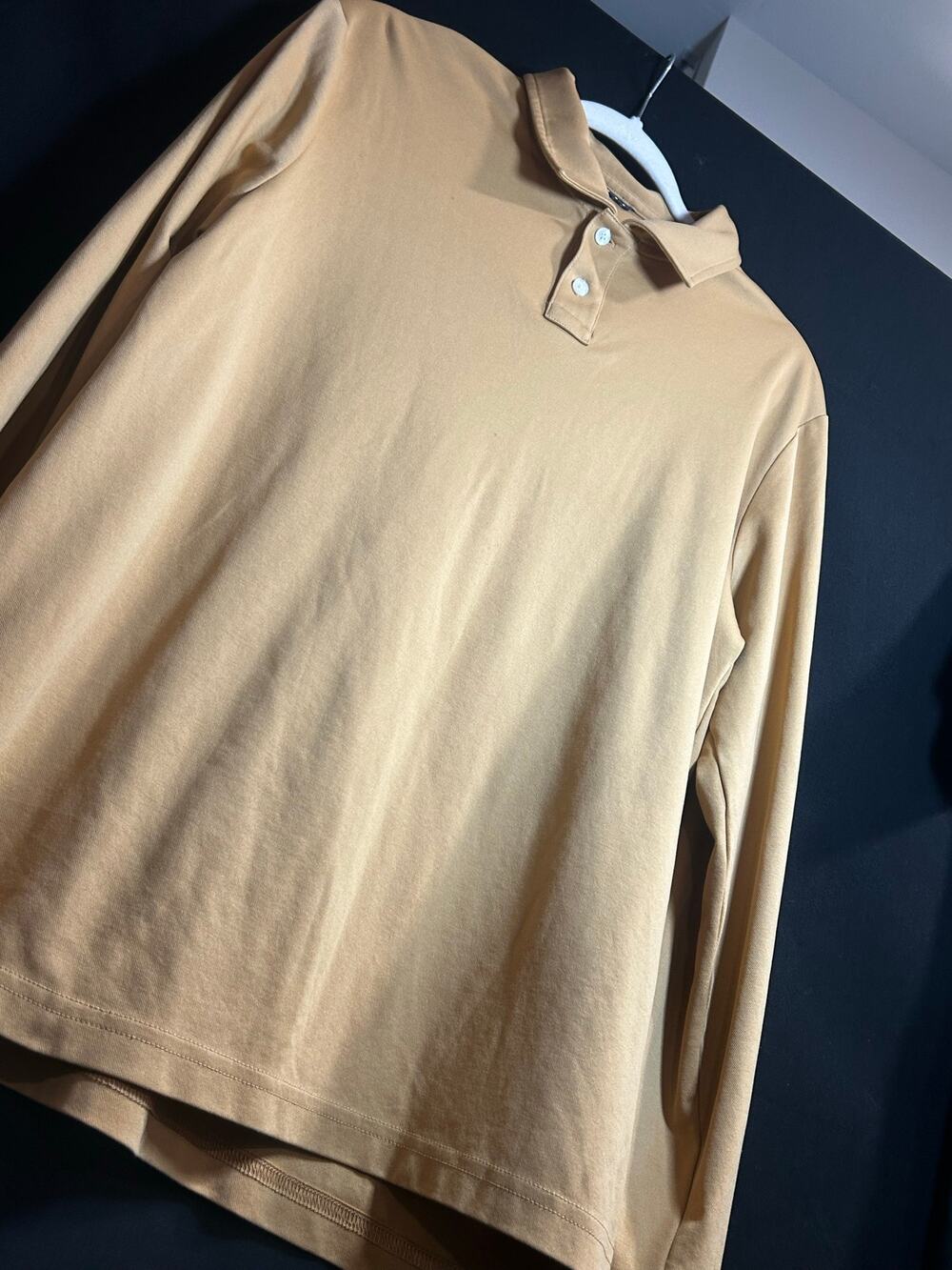L.L.Bean Comfort Stretch Performance Polo Men M Tan Pima Cotton Long Sleeve